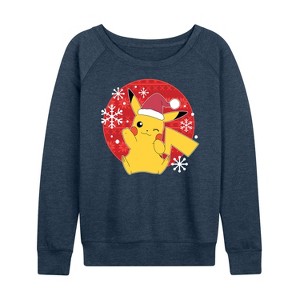 Women's - Pokémon - Pikachu Santa Hat Ugly Sweater Lightweight French Terry Wide Neck Long Sleeve Graphic Shirt - 1 of 4
