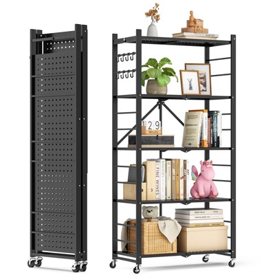 SKONYON 5-Tier Storage Shelves, Foldable Metal Shelving Units for Garage Kitchen Bakers, Collapsible Organizer Rack, Heavy Duty on Wheels