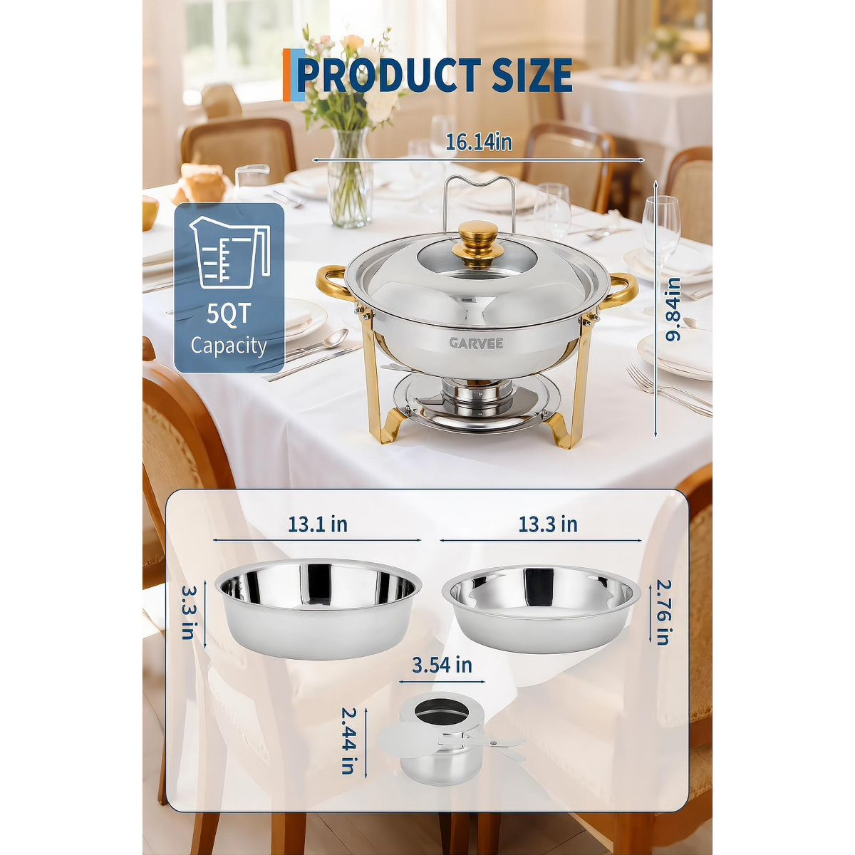 Garvee 2 Pack Round Chafing Dishes for Buffet, Stainless Steel Chafer Set, Clear Lid, Stand & Lid Hook, Half Gold Plated, Food Warmers for Catering - thumbnail 2