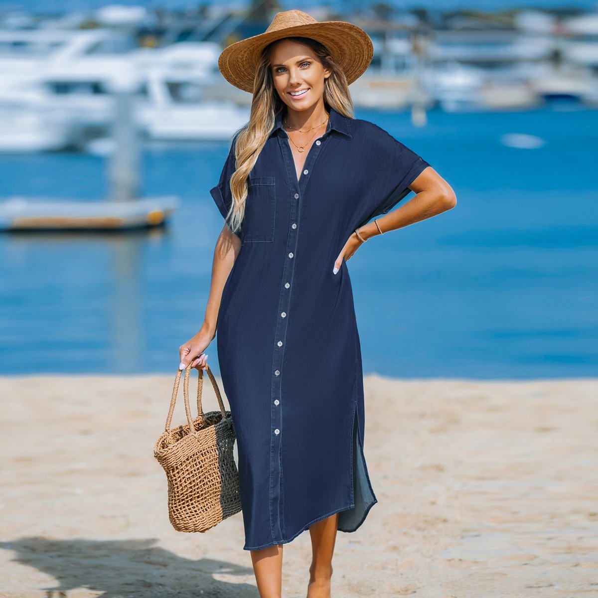 Женские платья Cupshe Women's Denim Button Front Side Slit Shirt Midi Dress -Cupshe-S-Navy — фото 6
