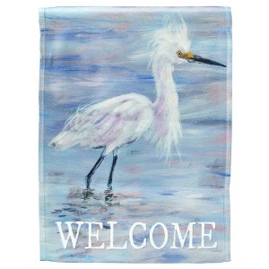 Magnolia Garden Welcome White Egret 13 x 19 Blue Polyester Outdoor Hanging Flag - 1 of 2