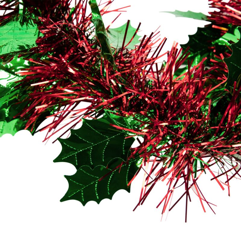 Northlight 12' x 4" Unlit Shiny Red Tinsel with Green Holly Leaves Christmas Garland, 5 of 6