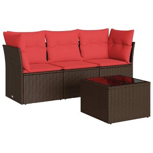 vidaXL 4 Piece Patio Sofa Set with Cushions Brown and Red Poly Rattan - With Table - 1 of 4