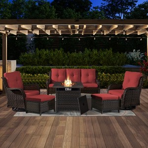 6PCS Patio Furniture Set with Fire Pit Table, Weather-Resistant Wicker Patio Fire Pit Set with Sofa, Swivel Patio Chair and 50000BTU Propane Fire Pit - 1 of 4