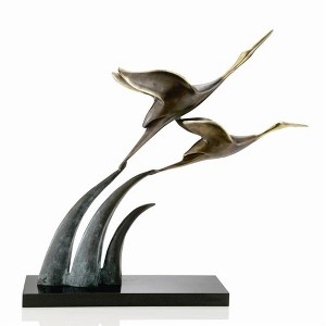 SPI Home Airborne Cranes Brass Sculpture – Graceful Flying Bird Figurine, 15.5" Tall Coastal Accent - 1 of 3