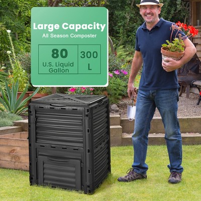Black 80-Gallon Outdoor Compost Bin with Lid and Exit Door