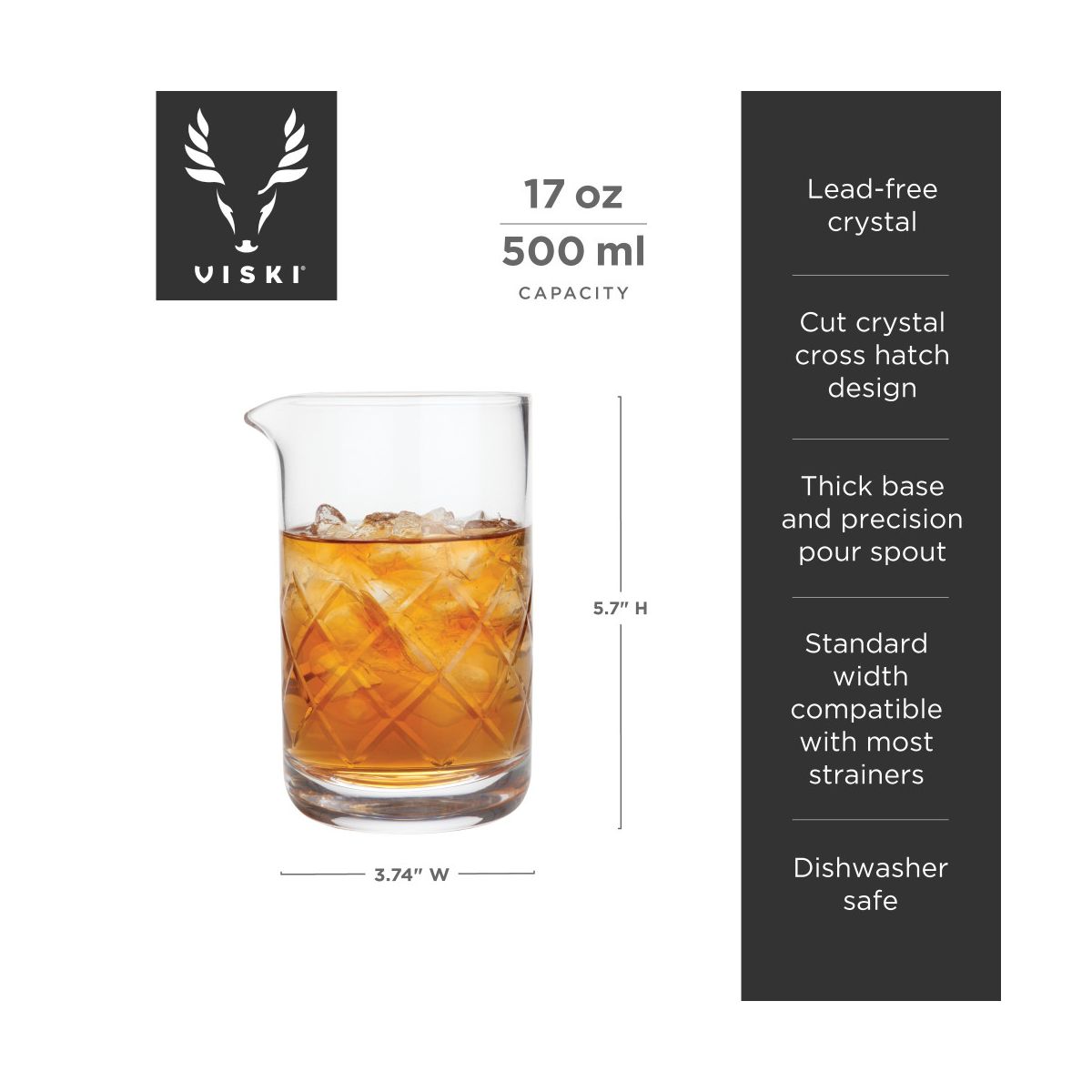 Viski Cocktail Mixing Glass, Crystal Pitcher,Clear - thumbnail 3