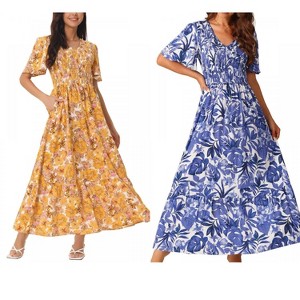 Seta T Women's Floral Short Flutter Sleeve V Neck Smocked High Waist Flowy Maxi Dress 2 Packs - 1 of 4