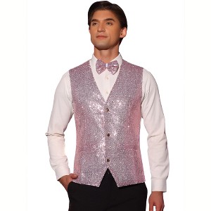 Lars Amadeus Men's Sequin Shiny Slim Fit Sleeveless Suit Waistcoat Set with Bow Tie - 1 of 4
