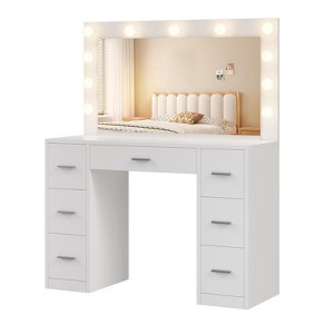 GustoWave Vanity Desk with Mirror and LED Lights, White Makeup Vanity with 7 Drawers and a Power Strip, 3 Color Modes Brightness Dressing Table - 1 of 4