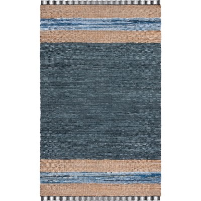 Handmade Blue and Natural Cotton Cowhide Striped 8' x 10' Area Rug