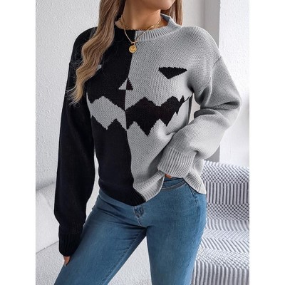 Coolmee Women's Halloween Pullover Sweater Color Block Long Sleeve Knit Fall Winter Sweater Tops