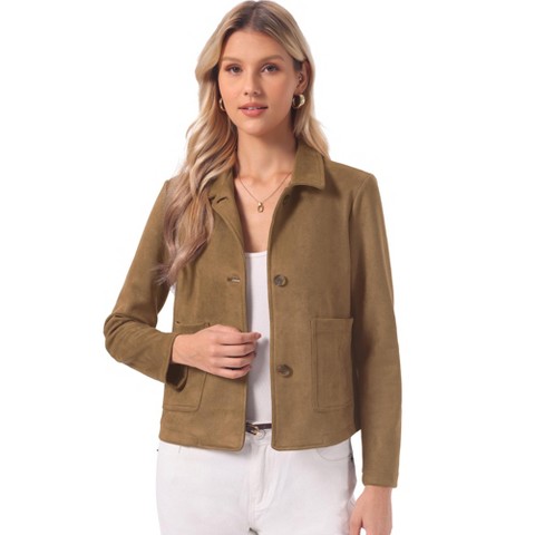 INSPIRE CHIC Women's Faux Suede Button Down Point Collar Pockets Fall Winter Cropped Jacket X-Large Brown