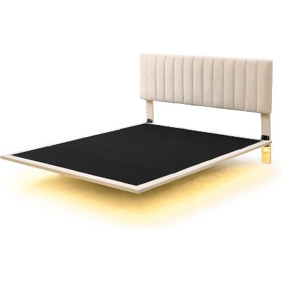 Acekool Modern Queen Size Floating Bed Frame with Motion Sensor Night Lights, Upholstered Platform, Noise-Free, Beige