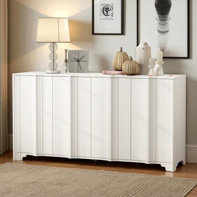4-Door Sideboard Buffet Cabinet with Linear Accents, Pine Veneer Design, Sturdy Support & Ample Storage for Living Room, Entryway, Study