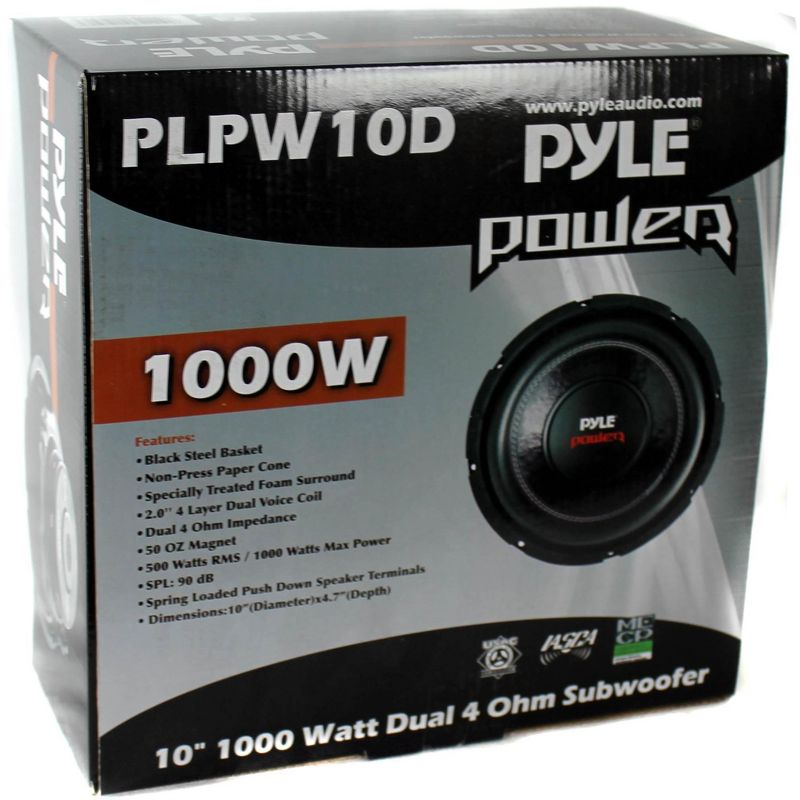 Pyle PLPW10D 10 Inch 1000 Watts Maximum Car Audio Power Dual Voice Coil 4 Ohm Impedance Subwoofer Sound Speaker System Unit, Black, 5 of 7