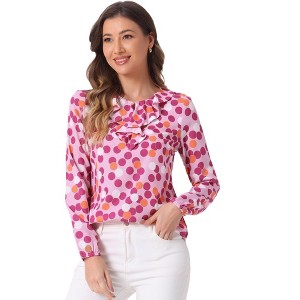 Allegra K Women's 1950s Vintage Ruffle Neck Long Sleeve Dots Chiffon Blouse - 1 of 4