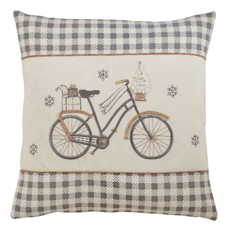 Saro Lifestyle Houndstooth Christmas Bicycle Pillow - Poly Filled, 18" Square, Grey, 1 of 3