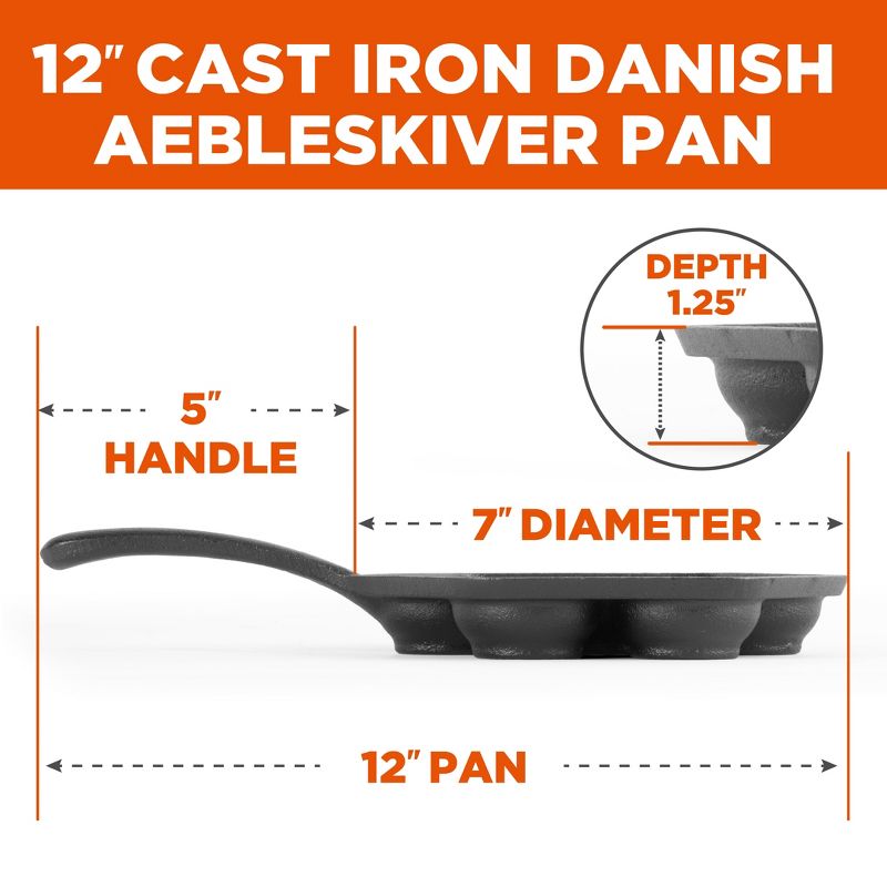 Commercial Chef Cast Iron Danish Aebleskiver Pan, Preseasoned Cast Iron Cookware for Pancake Puffs, Makes 7 Pancake Balls, 5 of 9