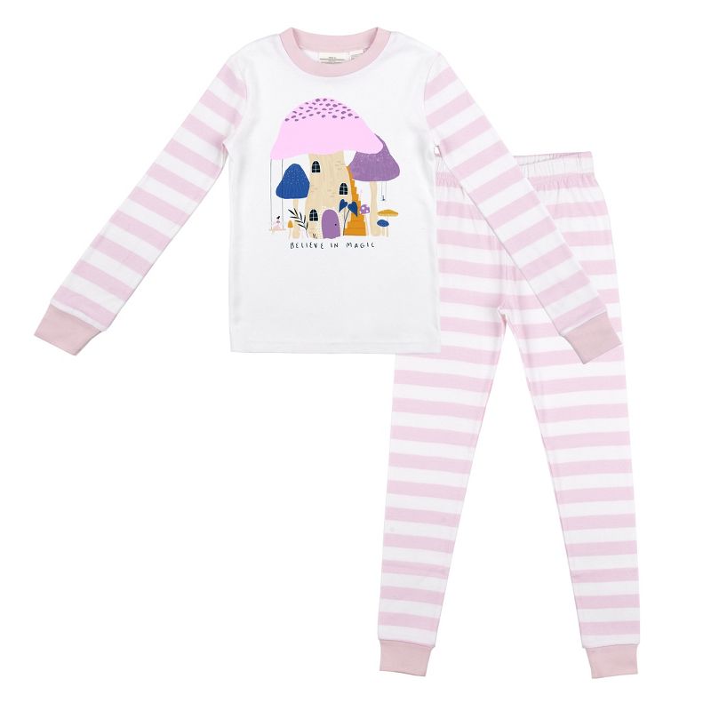 Believe In Magic Youth Girls Pink & White Striped Long Sleeve Shirt & Pant Set, 1 of 5