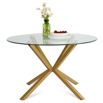 39'' Oliver Crossroads Round Pedestal Metal Legs With Clear Tempered Transparent Glass Tabletop -Maison Boucle