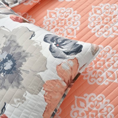 Coral and Gray Reversible Floral Full Microfiber Quilt Set