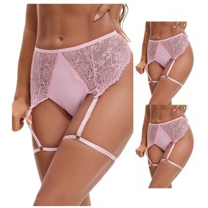 INSPIRE CHIC Women's 3 Pcs Perspective Lace Hipsters Hollow Out Panties with Adjustable Garters - 1 of 4