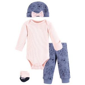 Hudson Baby Girls Thermal Preemie Layette Set 4pc Long Sleeve Outfit, Navy Toile, Preemie - 1 of 4