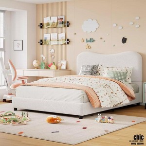 Jojoka Twin/Full/Queen Size Bed Frame, Boucle Upholstered Platform w/ Rounded Headboard, Wooden Slats, Low Profile, Heavy Duty, No Box Spring Needed - 1 of 4