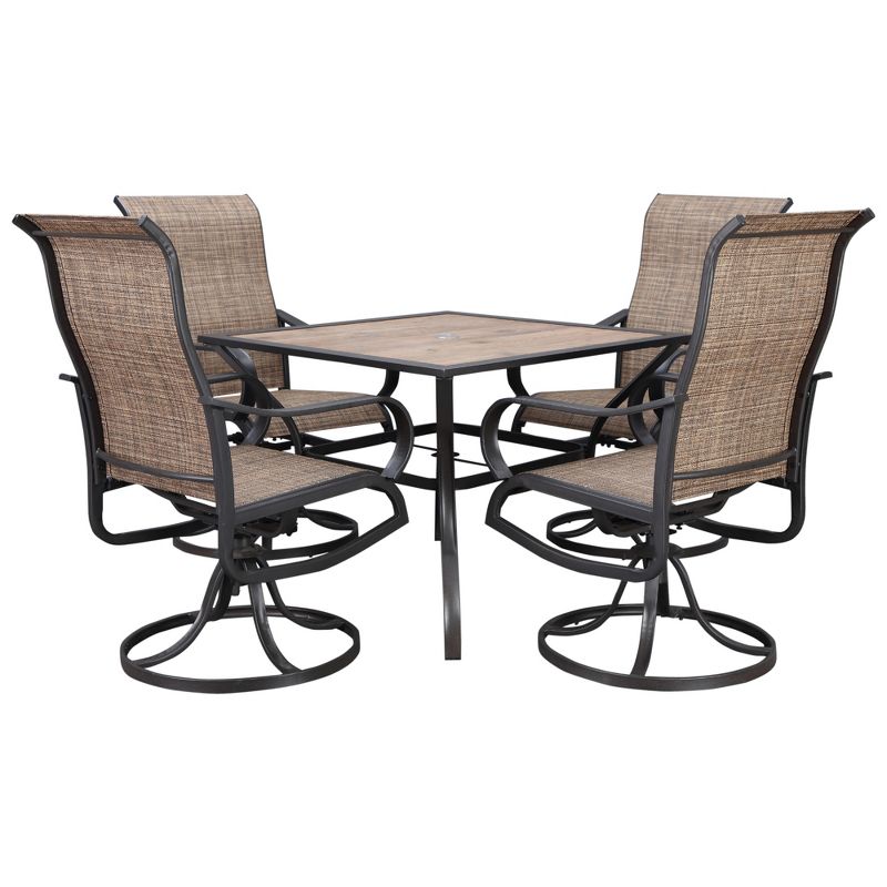 Outsunny 5 Piece Garden Patio Dining Furniture, Outdoor Conversation Set, Dinner Table with Umbrella Hole, 4 Rocking Swivel Chairs, Coffee Bean Brown, 4 of 7