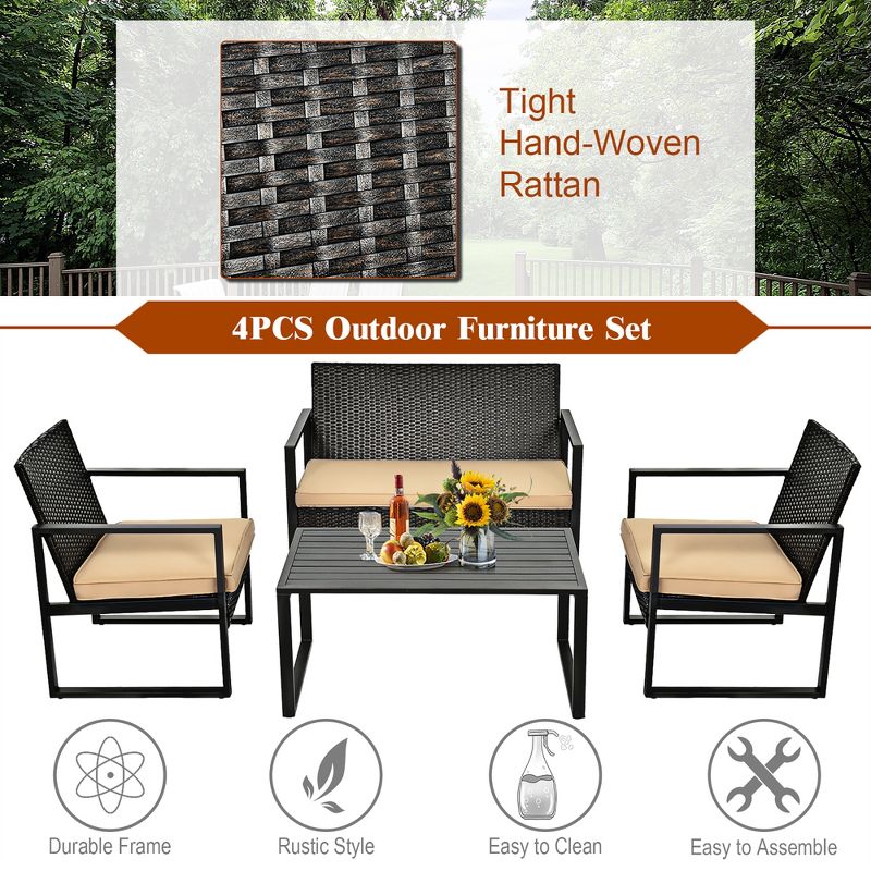 Costway 4PCS Patio Rattan Furniture Set Cushioned Sofa Coffee Table Garden Deck Brown, 5 of 11