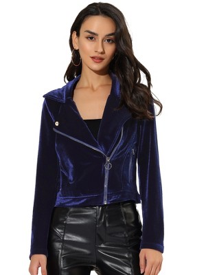 Allegra K Women's Velvet Zipper Lapel Collar Moto Biker Jacket