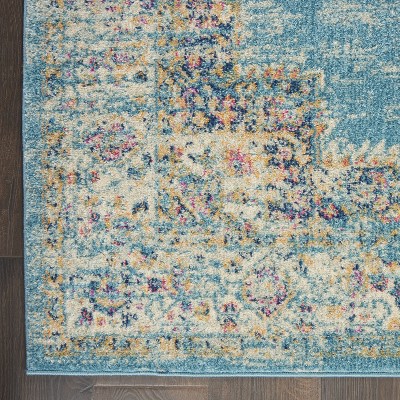 Light Blue Floral Synthetic Runner Rug with Latex Backing
