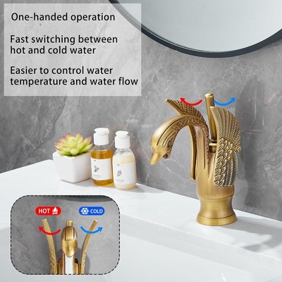 Antique Brass Swan-Shaped Single Handle Bathroom Faucet