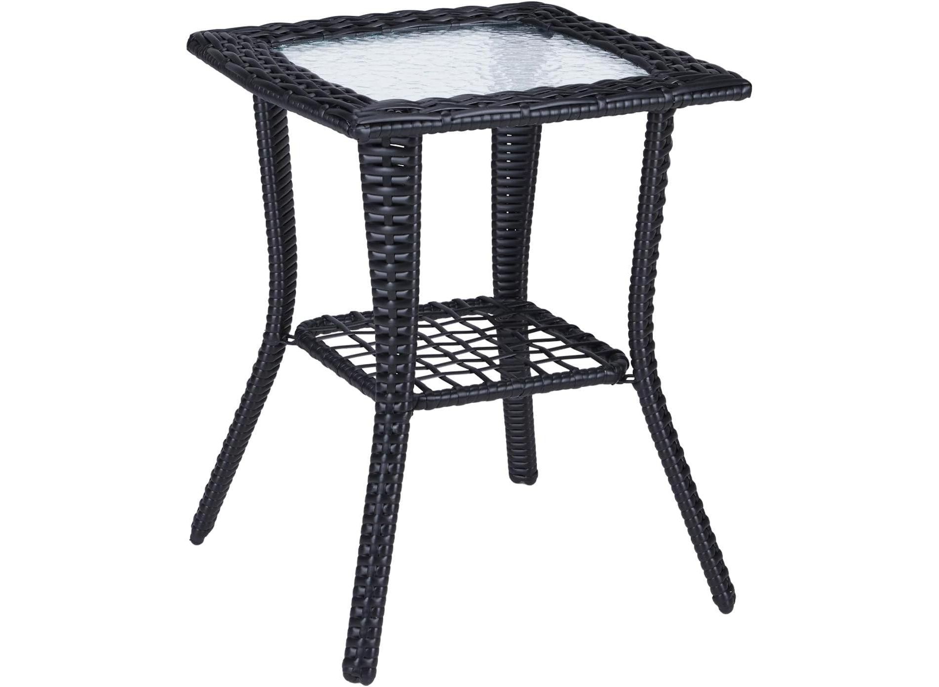 VINGLI Outdoor Side Table with Storage Wicker Patio Side Table, Tempered Glass Top End Table for Balcony Porch Deck (Black)