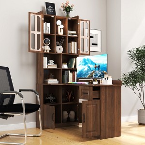 YOOCOZZ 2-in-1 L-Shaped Corner Computer Desk with Drawers, Bookshelf & Hutch-Walnut - 1 of 4