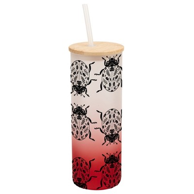 Elanze Designs Floral Beetle Bug Insect Wrap-Around Design 25 Ounce Frosted Gradient Glass On-The-Go Coffee Travel Skinny Tumbler Mug Cup, Bamboo Lid