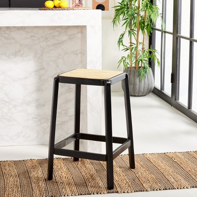 Black Beech Wood and Cane Backless Counter Stool