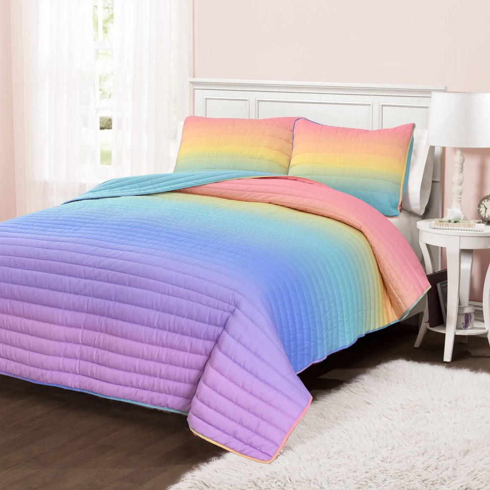 Photos - Bed Linen 3pc Full/Queen Kids' Rainbow Ombre Quilt Turquoise Set - Lush Décor