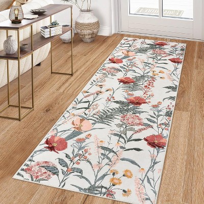 homfan Runner Rug,Washable Hallway Runner Rug Ultra-Thin Low Pile Foldable Mat Non Slip Non-Shedding Kitchen Rugs Indoor  Floral Accent Runners