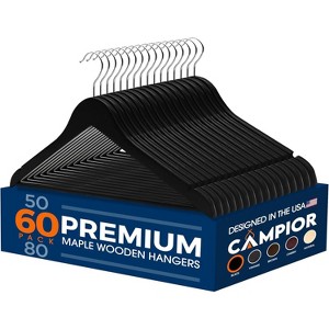 Wooden Clothes Hangers - 60 Pack, Durable, Non-Slip, Space-Saving Hangers for Dresses, Coats, and More, 360° Swivel Hook, Black Finish - 1 of 4