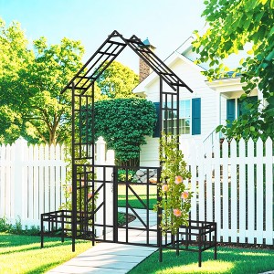Gulches Metal Garden Arch with Gate with planter W80.71*H97.24 Climbing Plants Support Rose Arch Outdoor Black - 1 of 4