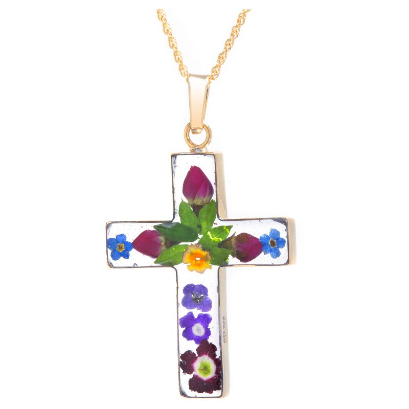 Women&#39;s Gold over Sterling Silver Pressed Flowers Cross Pendant Chain Necklace (18&#34;), 1 of 2