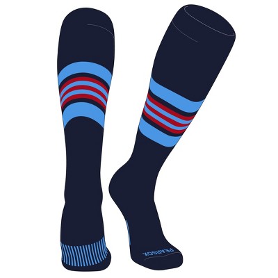 PEAR SOX Striped OTC Baseball, Softball, Football Socks (G) Dark Navy, Sky Blue, Red (M)