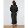 Women Satin Long Sleeve Maxi Dress Elegant Boat Neck Wrapped Waist Casual Magenta Spring Dresses - 3 of 4