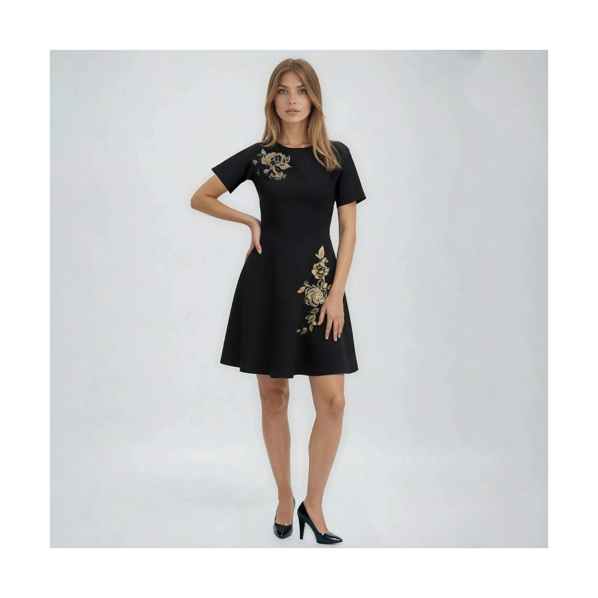 RENE RUIZ SHORT SLV A-LINE CREPE COCKTAIL W/ SIDE POCKETS & FLORAL EMB/BEAD APPLIQUES - thumbnail 5