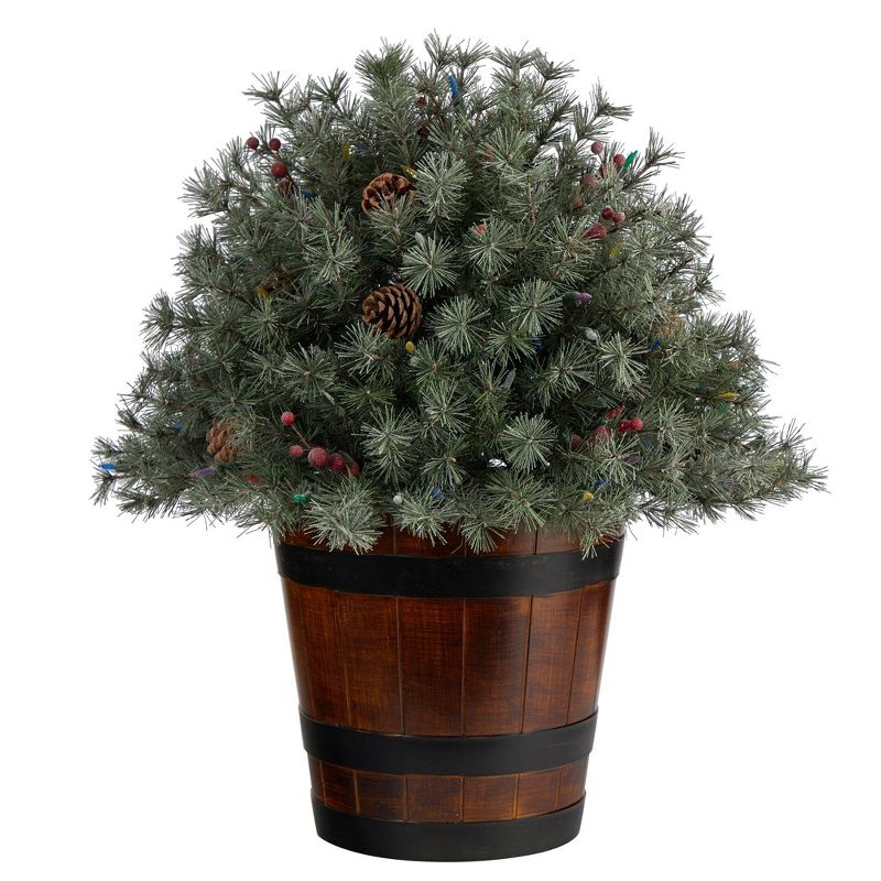 Nearly Natural 2.17-ft Flocked Shrub with Pinecones, 150 Multicolored LED Lights and 280 Branches in Planter, 3 of 8