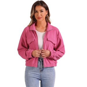 Allegra K Women's Stand Collar Long Sleeve Casual Crop Fuzzy Short Jacket - 1 of 4