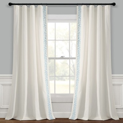 Luxury Modern Flower Linen Like Embroidery Border Window Curtain Panel Off White/Blue Single 52X84