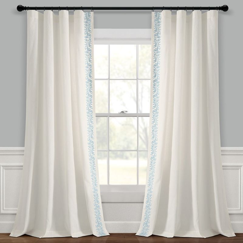 Luxury Modern Flower Linen Like Embroidery Border Window Curtain Panel Off White/Blue Single 52X84, 1 of 7